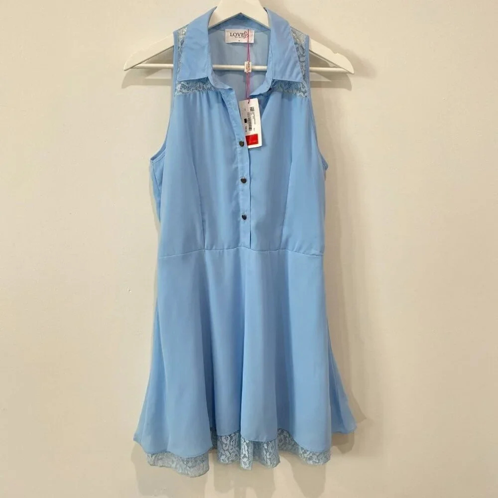 Love By Bayo Women's Med Blue Lace Fitted Flare Dress in Baby Blue NWT Lined - Picture 2 of 16